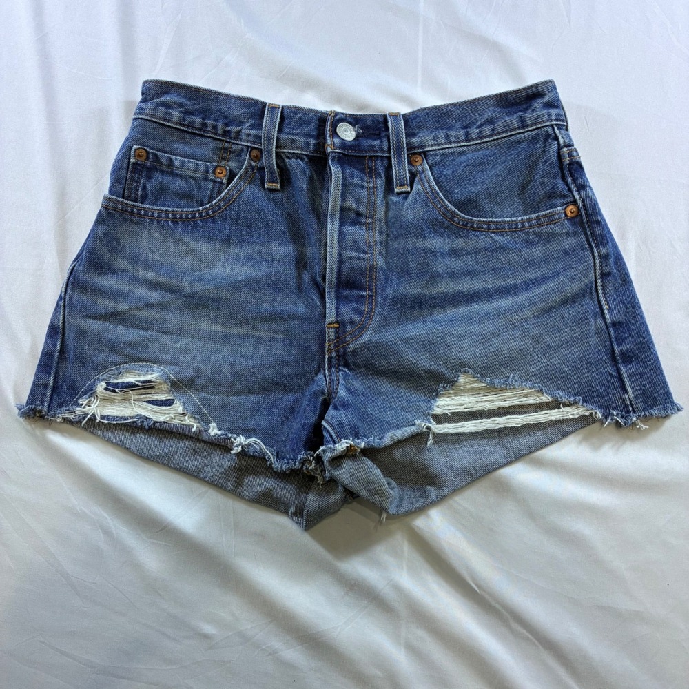 Levis 501 Original High Rise Distressed Denim Shorts Blue W26 56327-0401